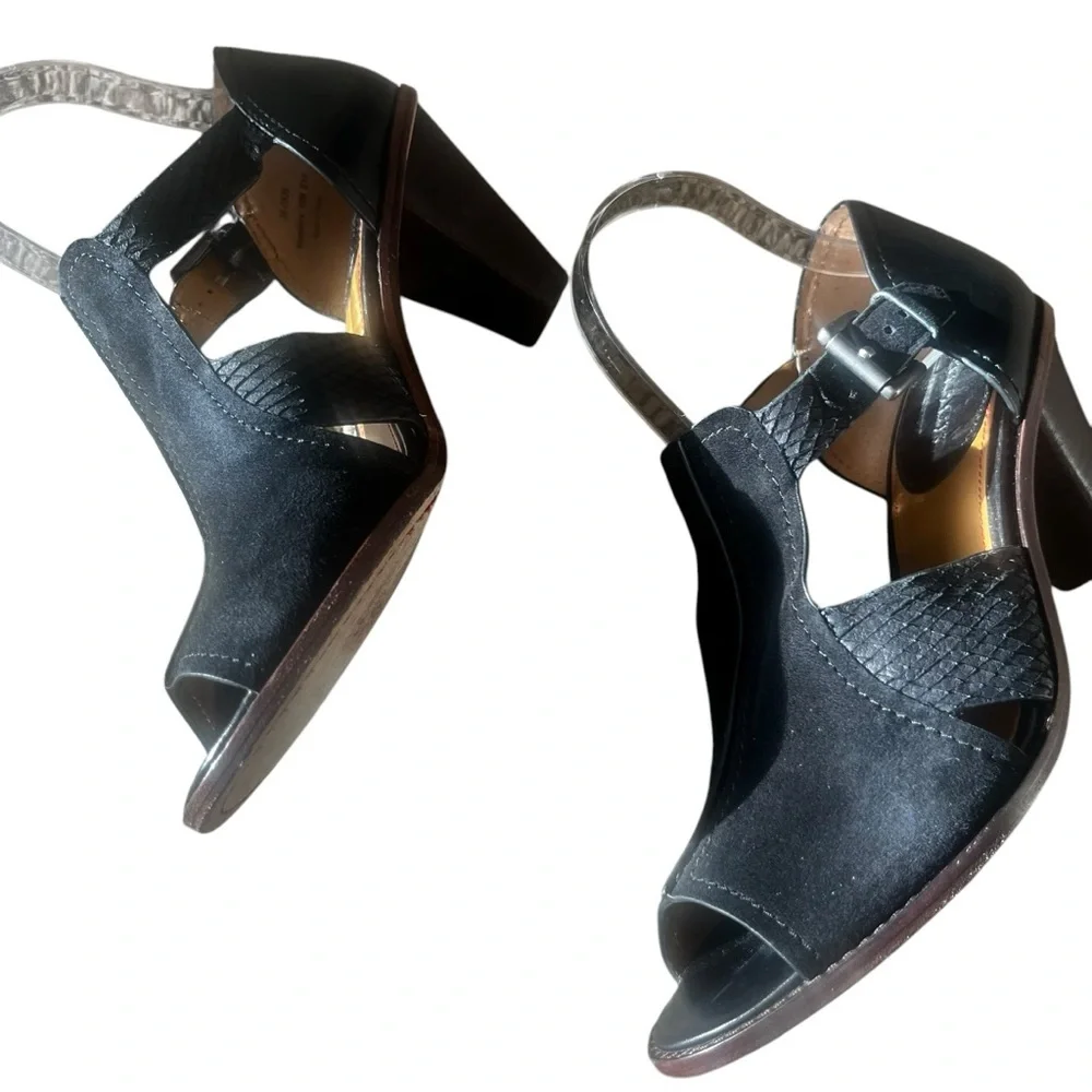 Trask black suede peep toe heels size 10